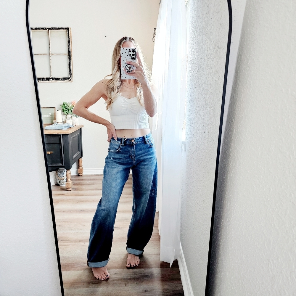 RISEN Mid Rise Dark Wash Barrel Jeans Double Roll Cuffed Full Length Various NEW - Picture 2 of 15